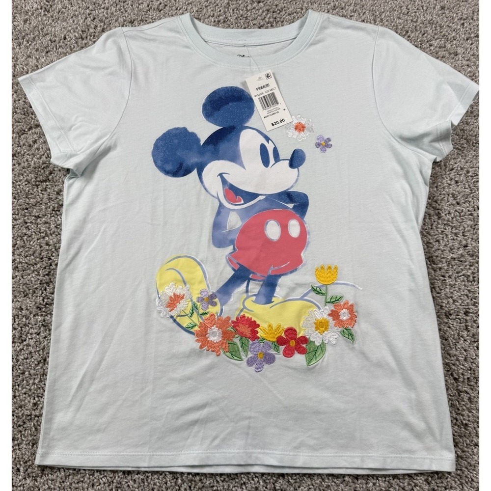 NEW Disney x Freeze Womens Mickey Mouse Embroidered Flower Tee T-Shirt Medium